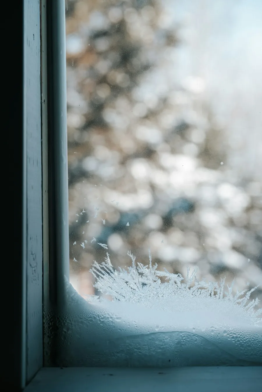 Beschlagene, gefrorene Fensterscheibe im Winter